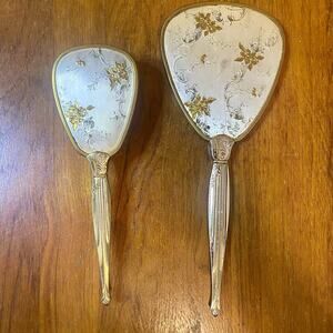 Vintage Floral Tapestry Back Gold Tone Handheld Mirror Brush Vanity Set